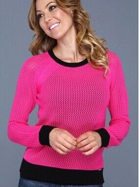 MICHAEL KORS Fuchsia Hot Pink Mesh Knit Sweater Black Trim Barbiecore Y2K Style